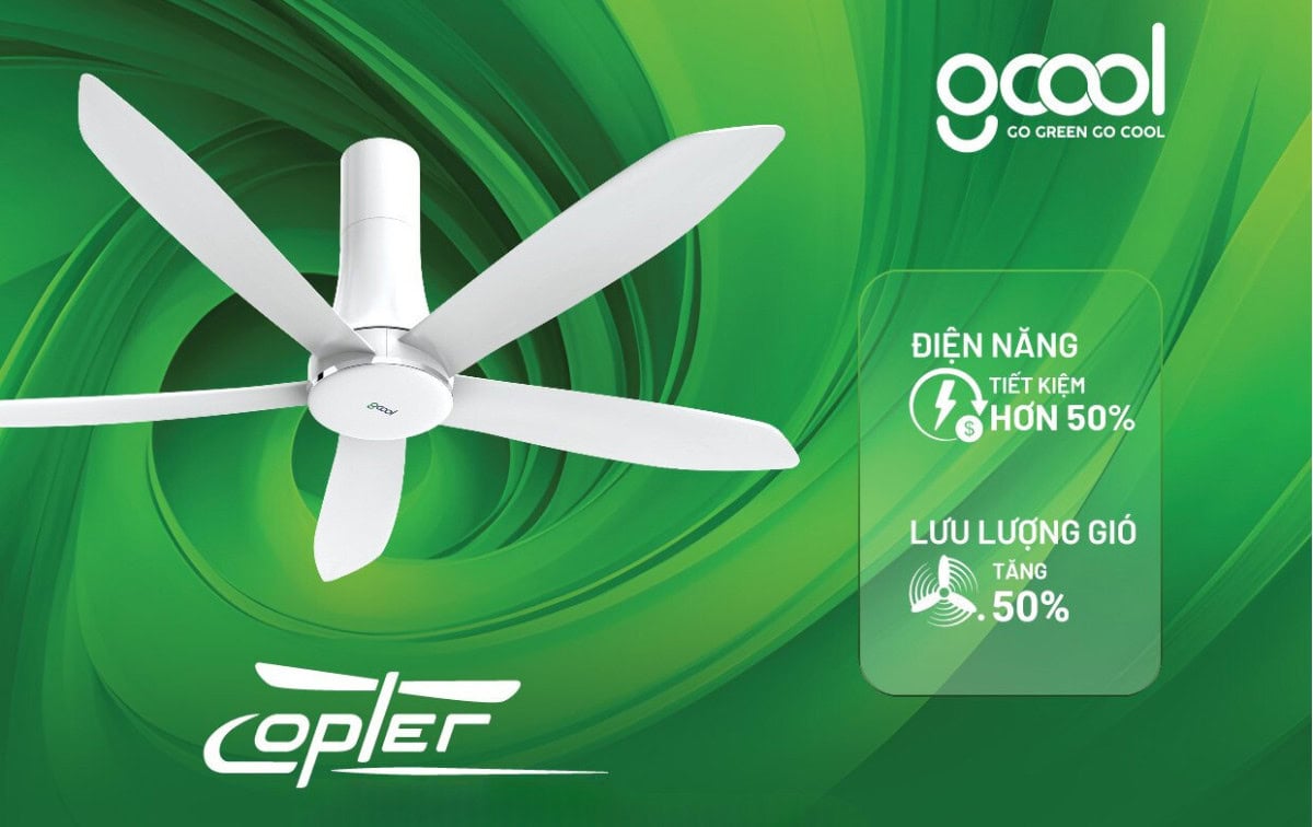 Quạt trần Gcool Copter tiết kiệm điện đến 50%, tăng lưu lượng gió, Quạt trần Gcool Copter bền bỉ với thời gian