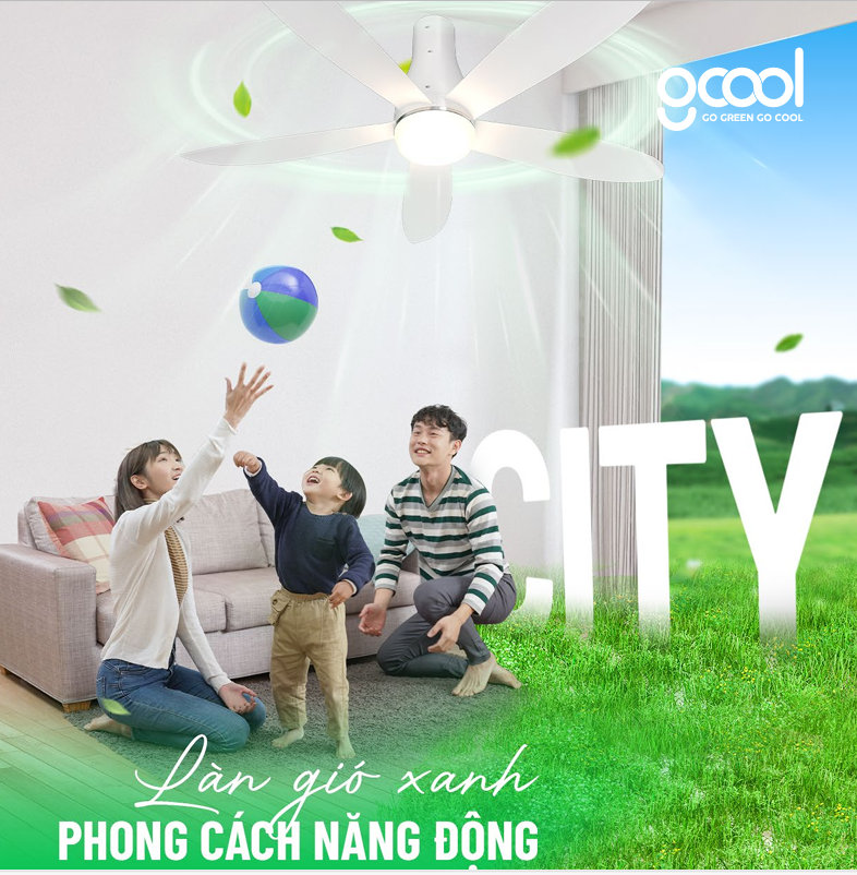 Giữa đô thị hiên đại, quạt trần GCool City sẽ mang lại cảm giác năng động cùng đầy đủ các tiện ích thông minh và tiện nghi như trang bị đèn LED 3 cấp độ, 5 tốc độ gió kèm tính năng Turbo mát ngay tức thì, cùng các chế độ gió như gió ngủ, gió tự nhiên, hẹn giờ tiện lợi… Người dùng quạt trần GCool City sẽ được tận hưởng làn gió mát xanh và những trải nghiệm đầy tiện nghi và thoải mái. Quạt trần GCool City sử dụng động cơ Smart DC GCool hiệu suất cao, tiết kiệm 50% điện năng so với sản phẩm cùng loại, Công suất 40W. Sản phẩm có sải cánh dài 1.400mm thiết kế đặc biệt theo dạng khí động học giúp tạo luồng gió mạnh mẽ và lan tỏa đều khắp không gian. Lưu lượng gió ~350-380m3/p, cao nhất thị trường so với sản phẩm cùng loại. Quạt trần GCool City Vận hành êm ái, bền bỉ: Yên tĩnh, không gây tiếng ồn, giảm tối đa rung lắc, vật liệu cấu thành chất lượng cao. Quạt trần GCool City có kết cấu thông minh, nhỏ gọn, lắp đặt dễ dàng tiết kiệm thời gian. Chế độ gió quạt trần GCool City đa dạng tiện lợi: Gió tự nhiên tạo cảm giác dễ chịu, Đảo chiều quay sử dụng 4 mùa giúp lưu thông không khí, Chế độ ngủ êm ái theo nhịp sinh học, Hẹn giờ thông minh, chế độ gió Turbo mát tức thì. Quạt trần GCool City có 2 cấp độ bảo vệ an toàn cho người sử dụng (cáp & công tắc an toàn).