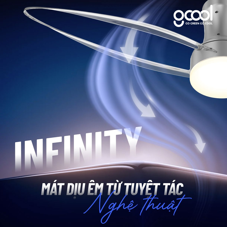 Sáng tạo không giới hạn chính là điểm nhấn đặc biệt nhất của dòng sản phẩm quạt trần GCool INFINITY, quạt trần được kết hợp độc đáo giữa công nghệ đỉnh cao với nghệ thuật thẩm mỹ, quạt trần GCool INFINITY đem đến cho người dùng những trải nghiệm tuyệt vời nhất. Quạt trần GCool INFINITY không chỉ đa dạng tính năng vượt trội như vận hành êm ái, mát hơn với chế độ Turbo gió mạnh tức thì và 5 cấp độ gió, 4 chế độ phù hợp từng thời điểm sử dụng, trang bị đèn Led 3 cấp độ sáng,... mà quạt trần GCool INFINITY còn có thiết kế tinh tế, sẽ trở thành món đồ trang hoàng độc đáo thể hiện phong cách và cá tính của gia chủ Động cơ Smart DC GCool hiệu suất cao, tiết kiệm 50% điện năng so với sản phẩm cùng loại. Quạt trần GCool INFINITY vận hành êm ái, bền bỉ: Yên tĩnh, không gây tiếng ồn, giảm tối đa rung lắc, vật liệu cấu thành chất lượng cao, quạt trần GCool INFINITY kết cấu thông minh, nhỏ gọn, lắp đặt tiết kiệm thời gian và dễ dàng. Quạt trần GCool INFINITY có chế độ gió đa dạng tiện lợi: Gió tự nhiên tạo cảm giác dễ chịu, Đảo chiều quay sử dụng 4 mùa giúp lưu thông không khí, Chế độ ngủ êm ái theo nhịp sinh học, Hẹn giờ thông minh, chế độ gió Turbo mát tức thì.