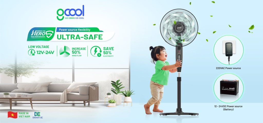 Quạt Đứng GCool sử dụng động cơ DC tiết kiệm điện năng. Động cơ Smart DC Quạt Đứng GCool mang lại hiệu suất cao, vận hành êm ái, bền bỉ, siêu tiết kiệm điện, giảm tới 50% điện năng tiêu thụ.